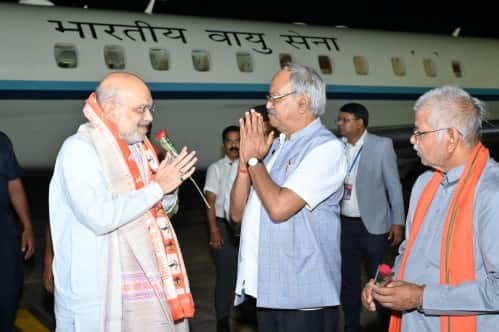 रायपुर में अमित शाह का सांसद बृजमोहन अग्रवाल ने स्वागत किया