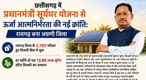 छत्तीसगढ़ में प्रधानमंत्री सूर्यघर योजना से ऊर्जा आत्मनिर्भरता की नई क्रांतिः रायगढ़ बना अग्रणी जिला छत्तीसगढ़ में प्रधानमंत्री सूर्यघर योजना से ऊर्जा आत्मनिर्भरता की नई क्रांतिः रायगढ़ बना अग्रणी जिला