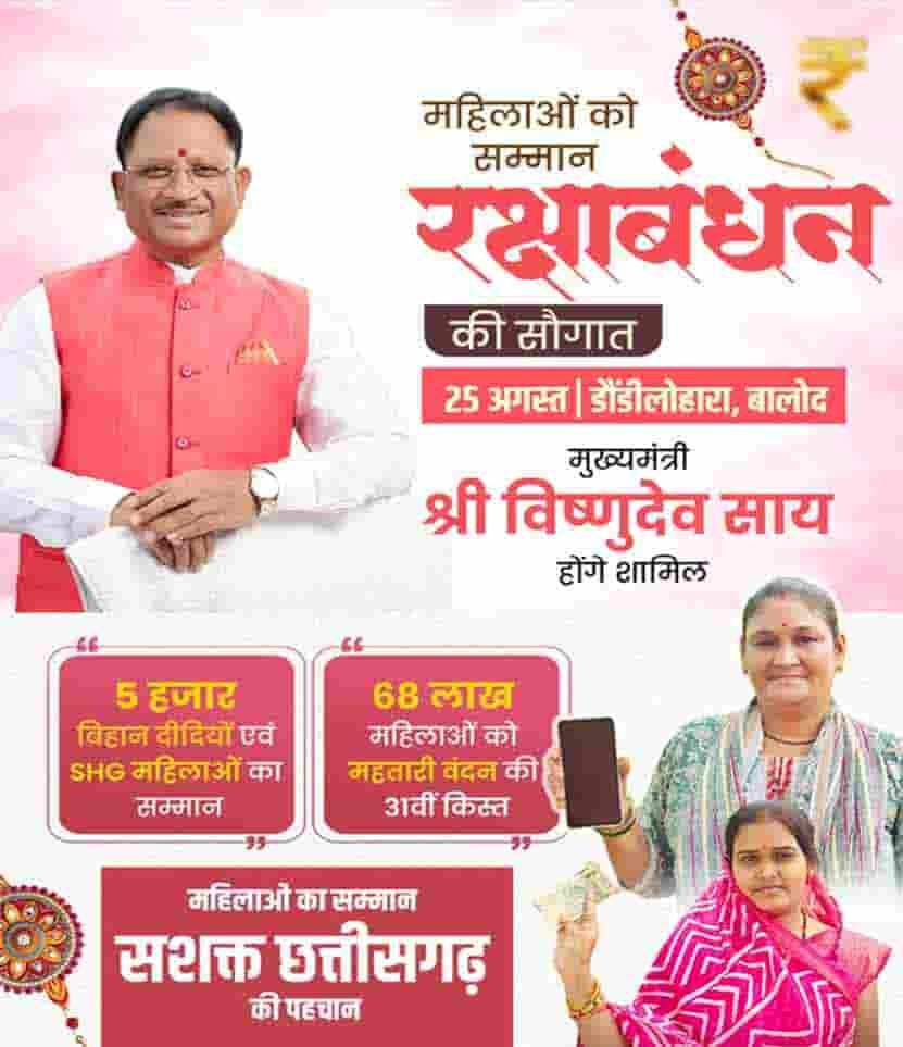 बहनों के लिए बड़ा ऐलान! 25 अगस्त को महतारी वंदन की 31वीं किस्त जारी करेंगे CM साय बहनों के लिए बड़ा ऐलान! 25 अगस्त को महतारी वंदन की 31वीं किस्त जारी करेंगे CM साय
